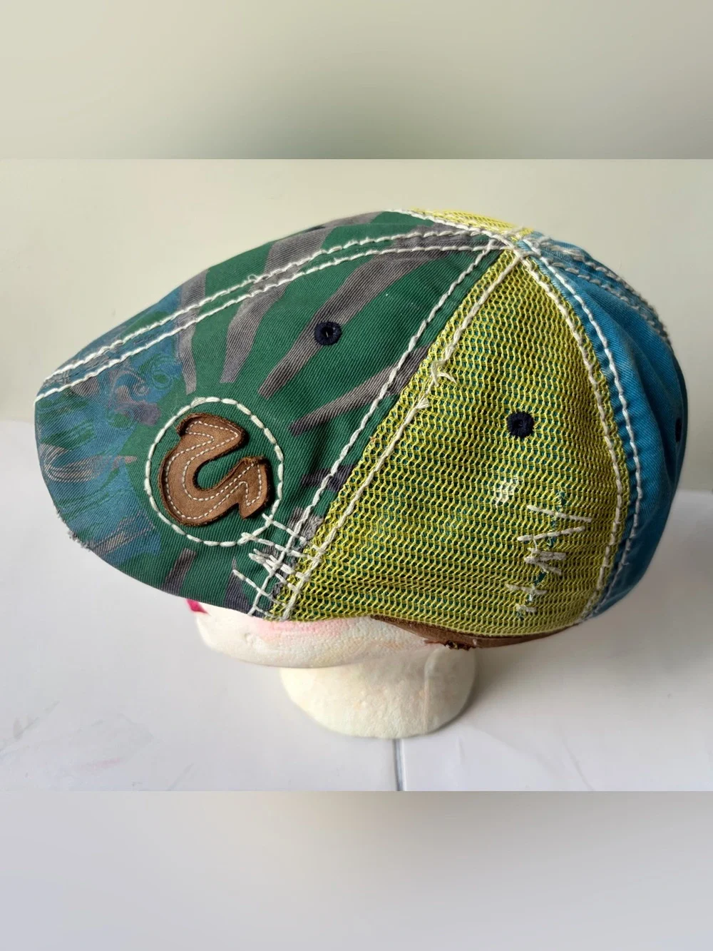 Vintage True Religion Newsboy Hat Driving Cap Distressed Patchwork